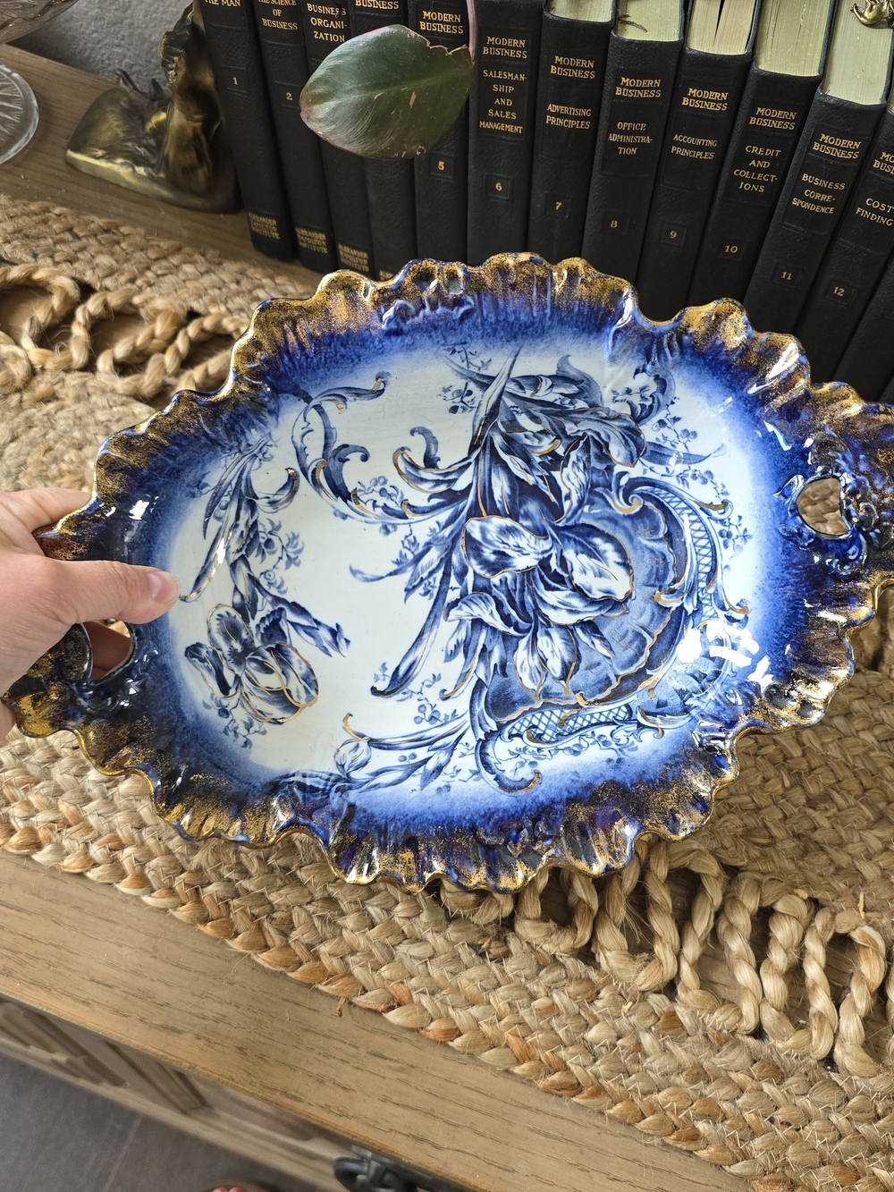 Antique Blue and Gold Floral Ceramic Serving Platter